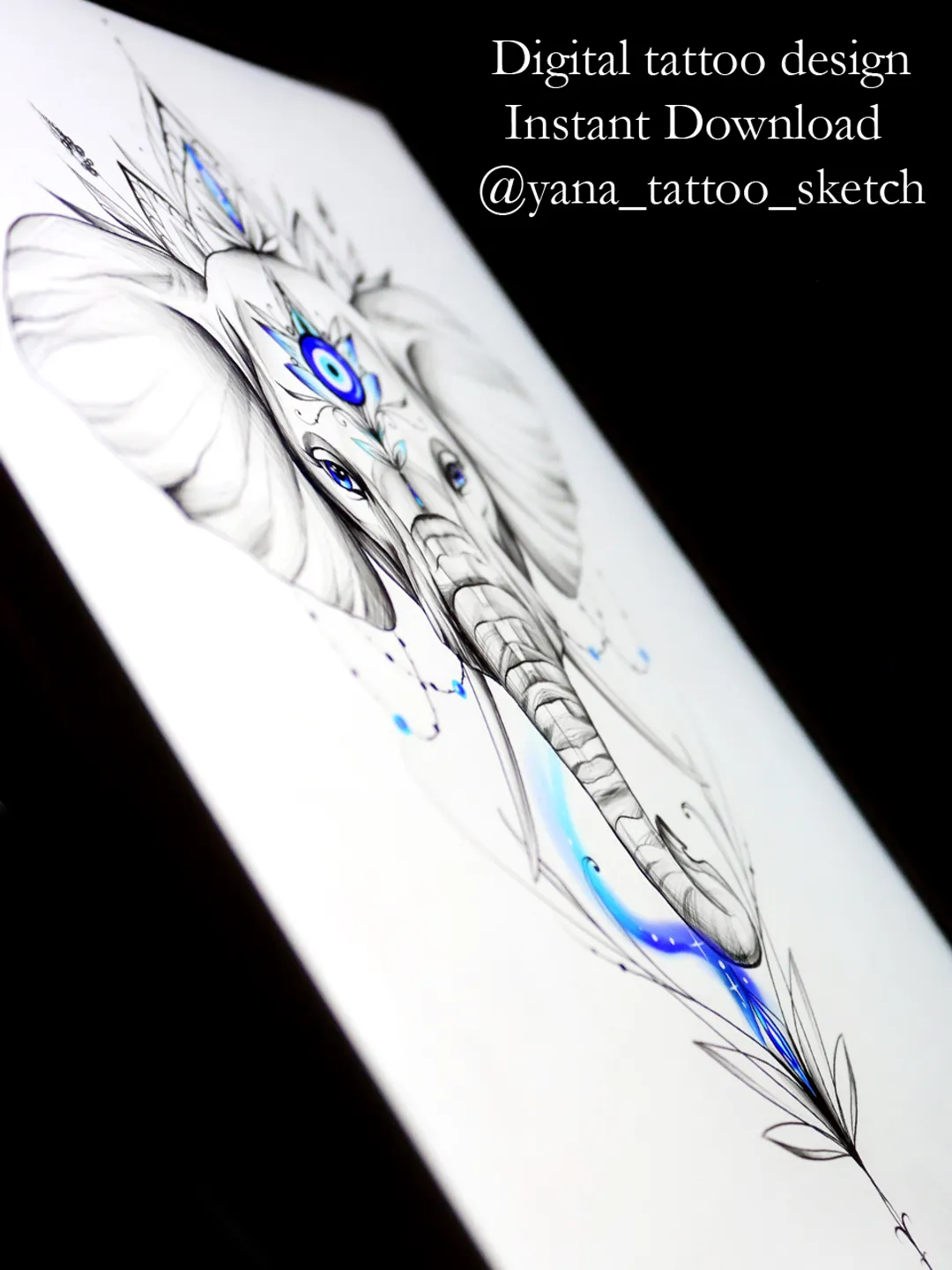 Elephant Tattoo Design Evil Eye Elephant Tattoo Drawing Idea Sketch, Instant download PDF, JPG, PNG