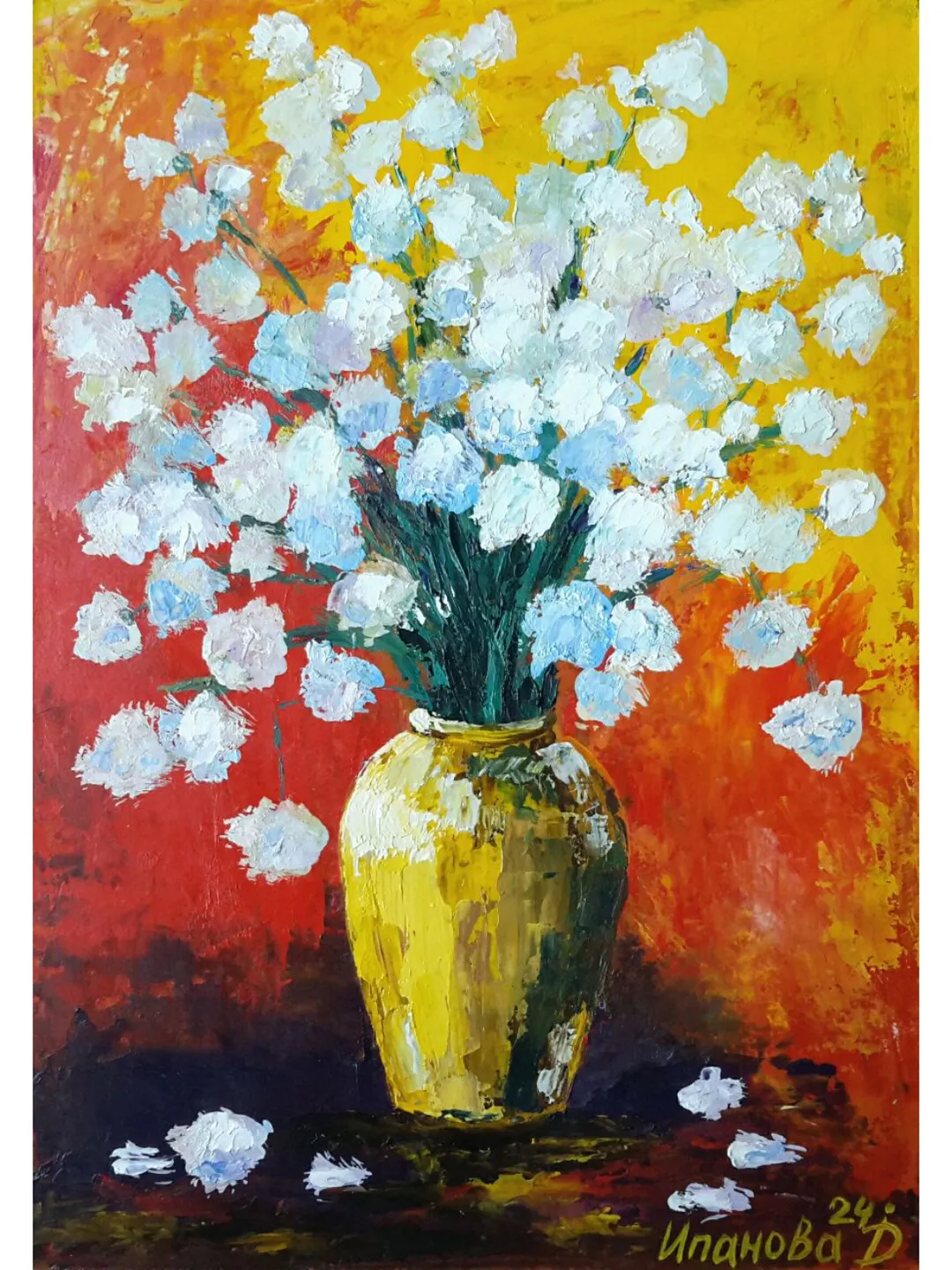 Abstract White Flowers in a Vase Original Oil Painting Floral Artwork
