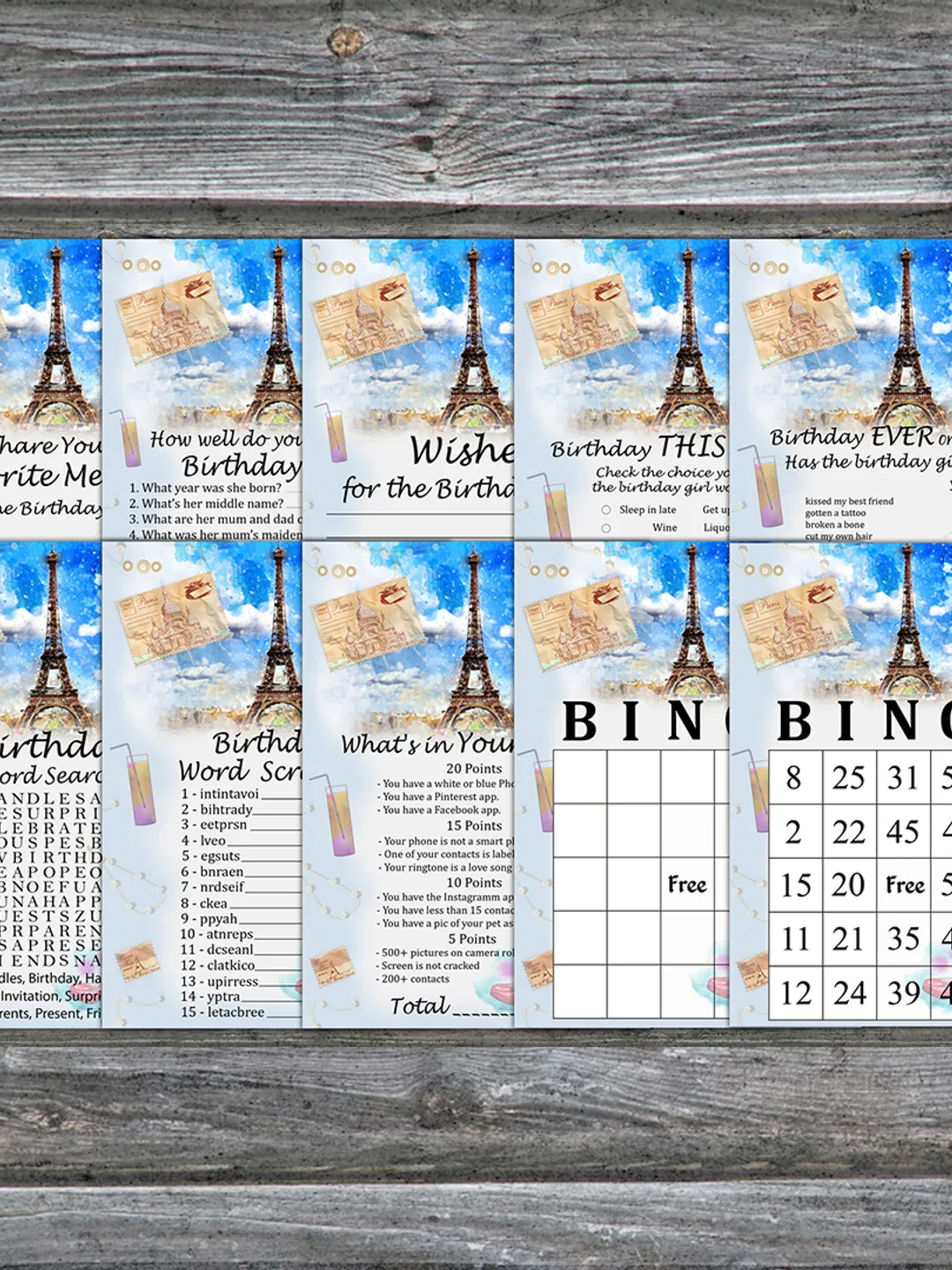 Paris themed Birthday Party Games bundle,Adult birthday games package,Printable Birthday Games,INSTANT DOWNLOAD