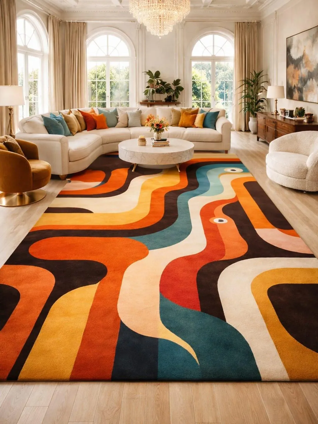 Colorful Abstract Rug Design Colorful Abstract Area Rug, Retro Wave Carpet, Mid Century Living Room ...