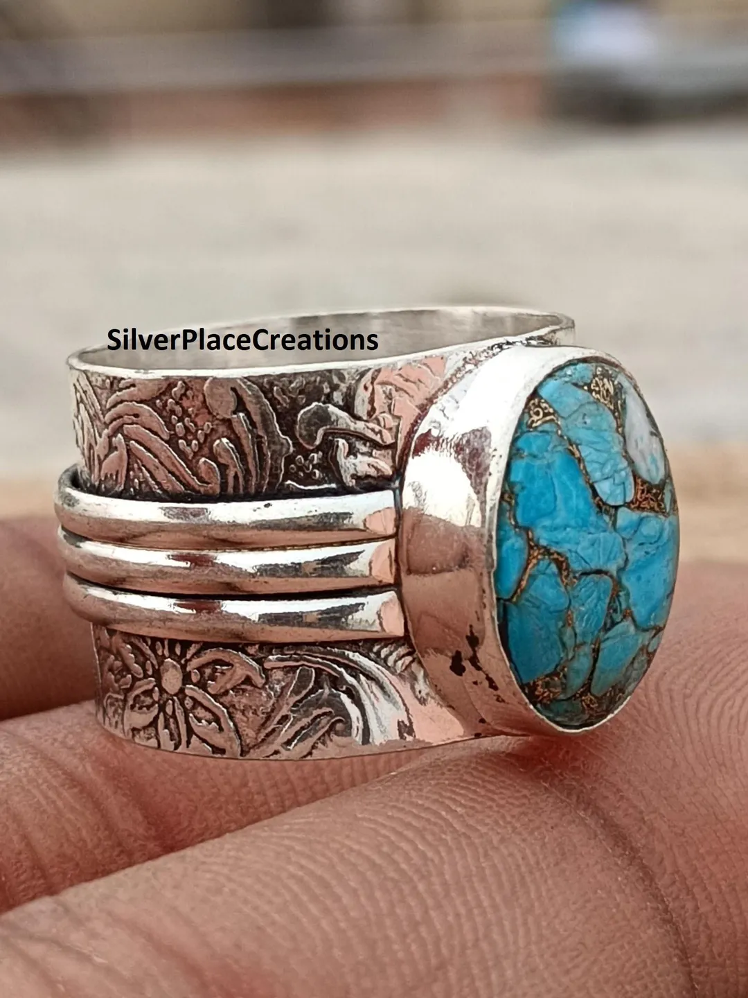 Birthday Ring, Blue Copper Turquoise Gemstone Ring, Spinner Band Ring, Western Indian Jewelry, 925 Sterling Silver Jewelry, Anniversary Ring
