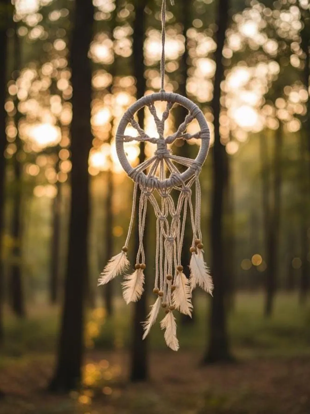 Tree of Life Macrame Dream Catcher Boho Wall Hanging Feather Neutral ...