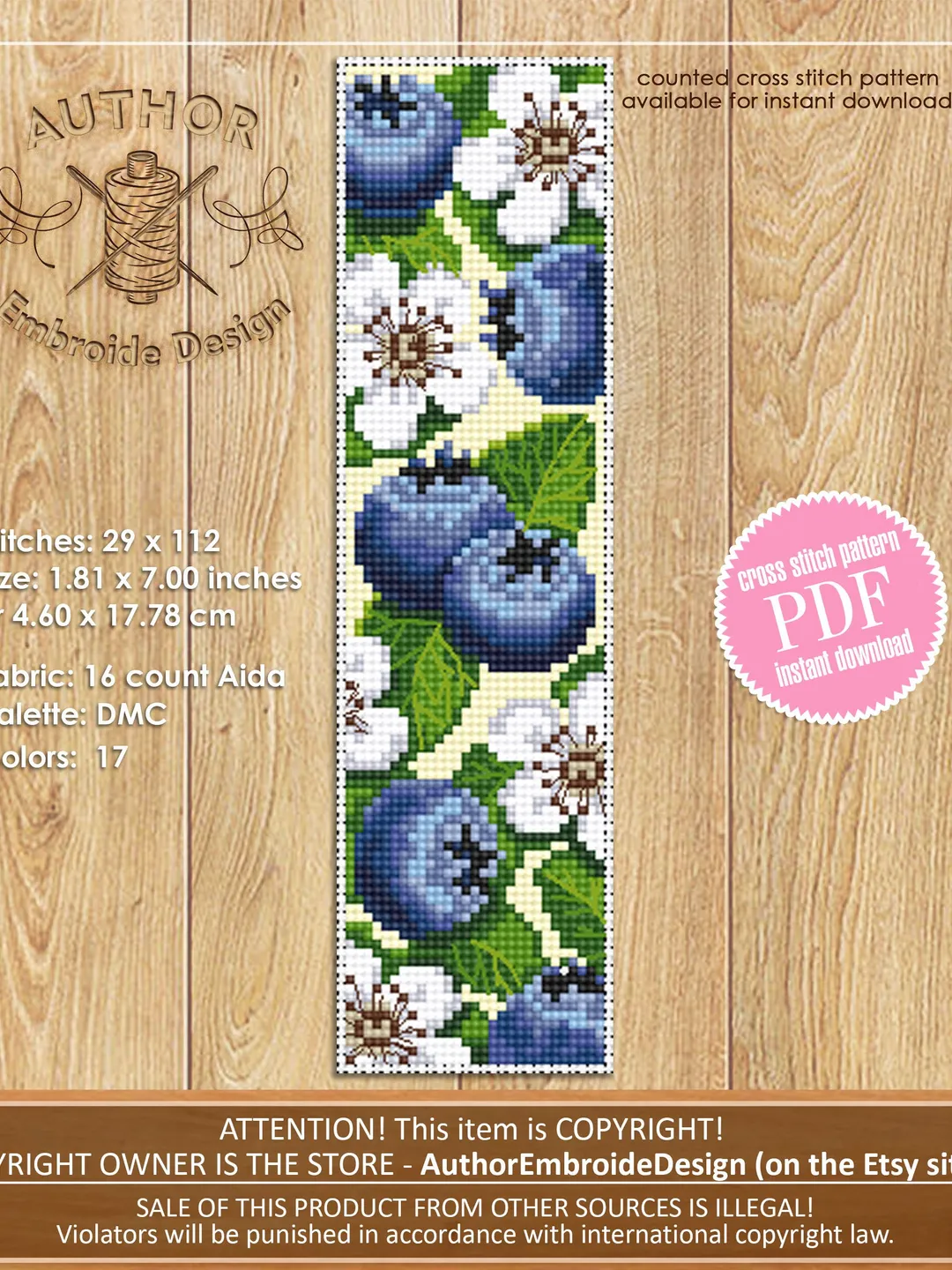 Blueberry bookmark cross stitch pattern download PDF Blue berries cross ...