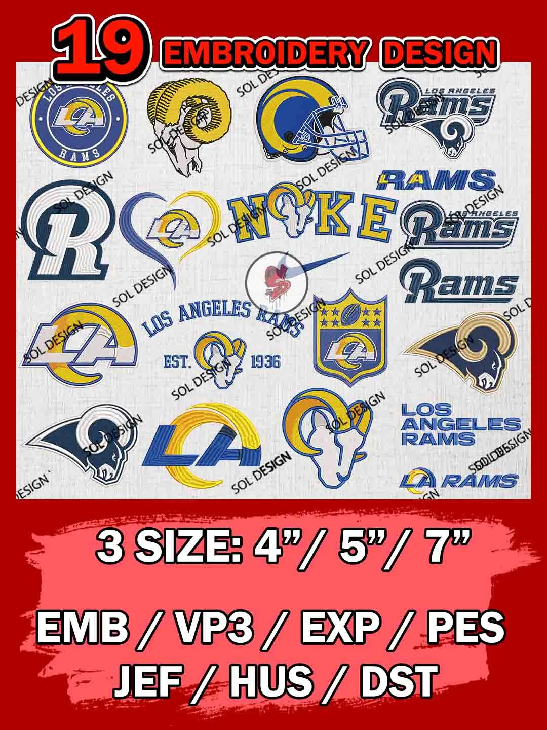 NFL Los Angeles Rams Bundle Embroidery Files, NFL Los Angeles Rams Team Bundle Embroidery Designs, NFL Teams, National Football League 3 sizes, NFL Rams Football Machine embroidery designs, Digital Download