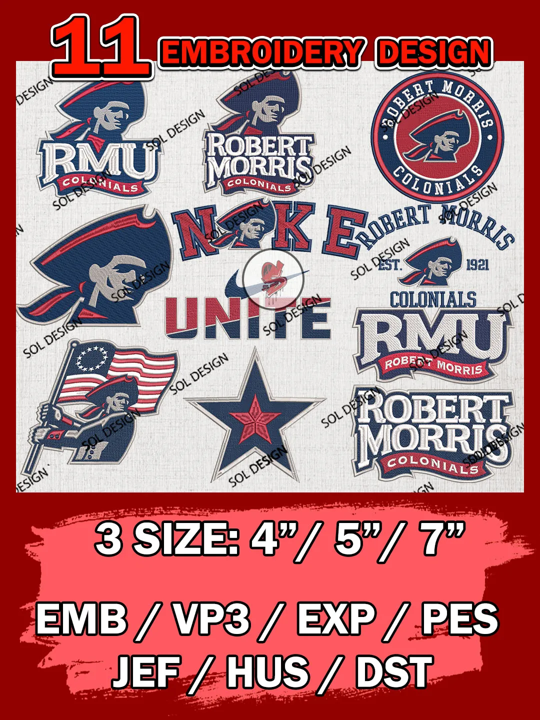11 NCAA Robert Morris Colonials Bundle Embroidery Files, NCAA Robert Morris Colonials Team Bundle Embroidery Designs, NCAA Teams, National College Football Team 3 sizes, NCAA Robert Morris Machine Embroidery, Digital Download