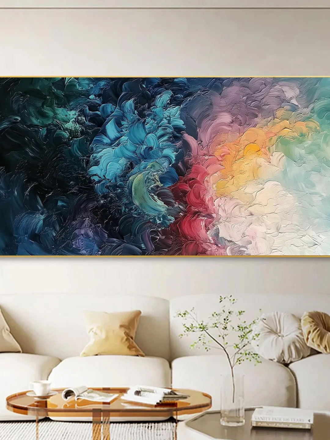 Original Abstract Colorful Waves Oil Painting on Canvas | Blue, Pink, and Gold | Wall Art for Modern Home Decor Large Wall Art | Bedroom Art