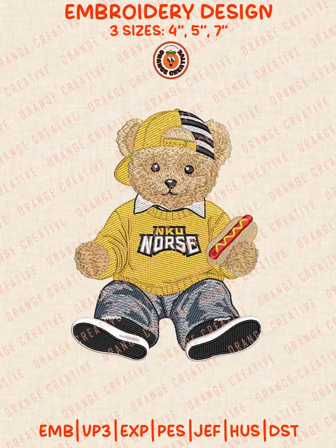 Northern Kentucky Norse Bear Hot Dog Embroidery Design Files, Football Embroidery Designs, Sport Machine Embroidery Files, 3 Sizes, Custom Sizes, Instant Download
