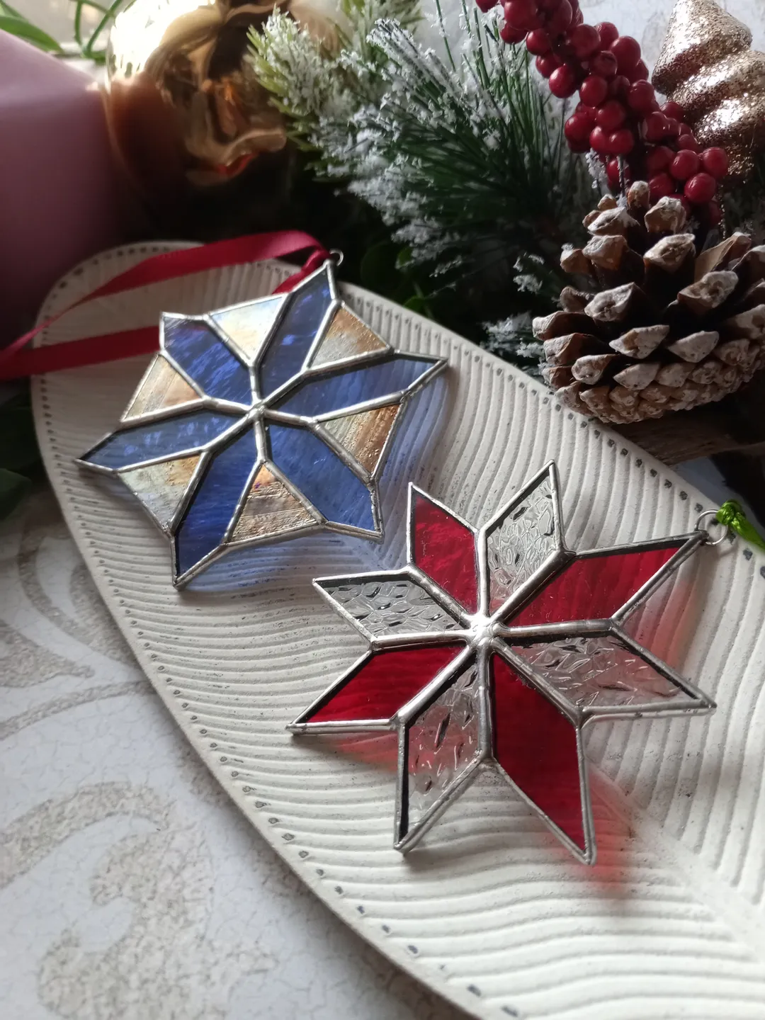 Set of 2 snowflake suncatchers, christmas ornaments, simple stained glass, Christmas decorations, Xmas tree star