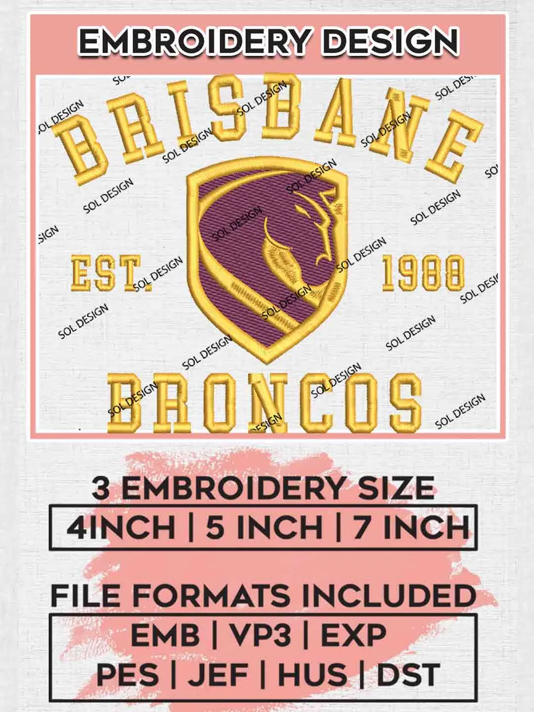 NRL Brisbane Broncos Est 1988 Embroidery Design, National Rugby League Logo, NRL Embroidery Design, NRL Machine Embroidery Digitized Pes File,3 Sizes, Instant Download