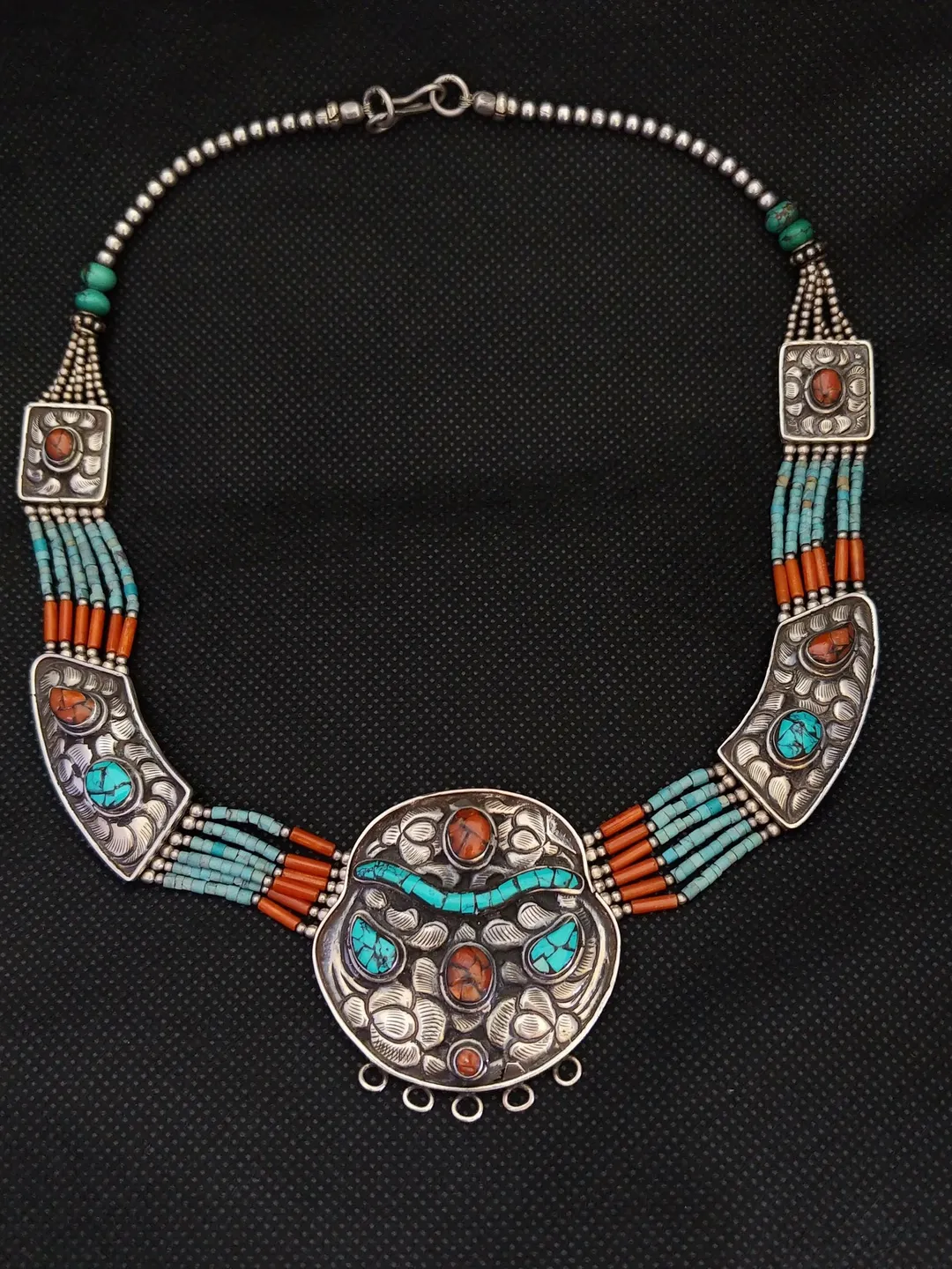 Tibetan Silver Necklace: Coral, Turquoise, and Stone Inlaid Beads Handmade Jewelry