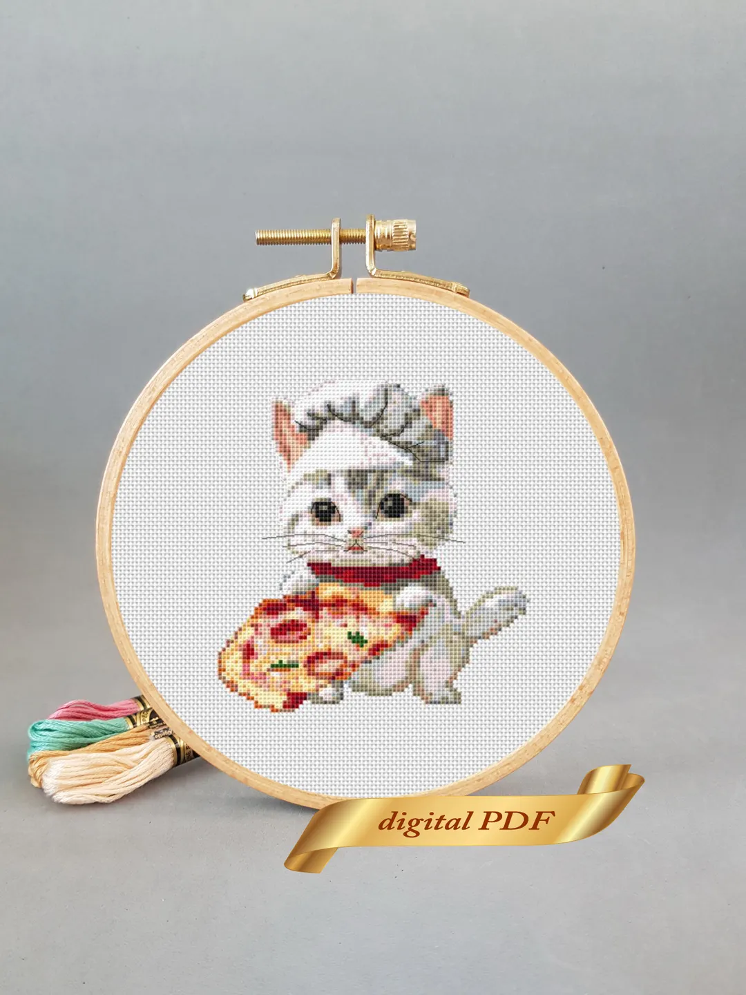 Cat and pizza pattern pdf cross stitch, small design easy embroidery DIY, art 20