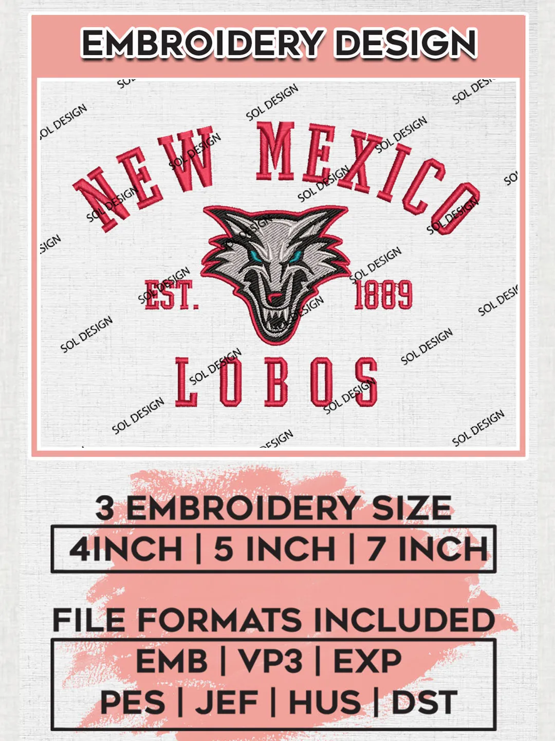 New Mexico Lobos Est 1889 Logo Embroidery Designs, NCAA New Mexico Lobos Team Embroidery, NCAA Team Logo, 3 sizes, Machine embroidery Files, Digital Download
