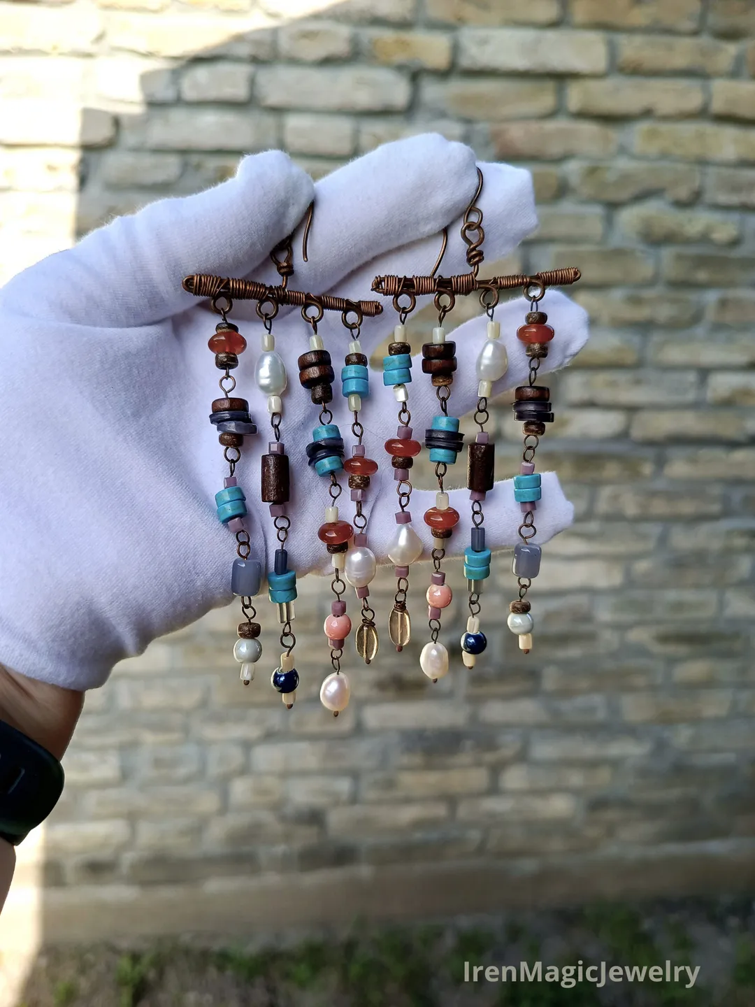Long Copper Boho Earrings with Mixed Natural Beads