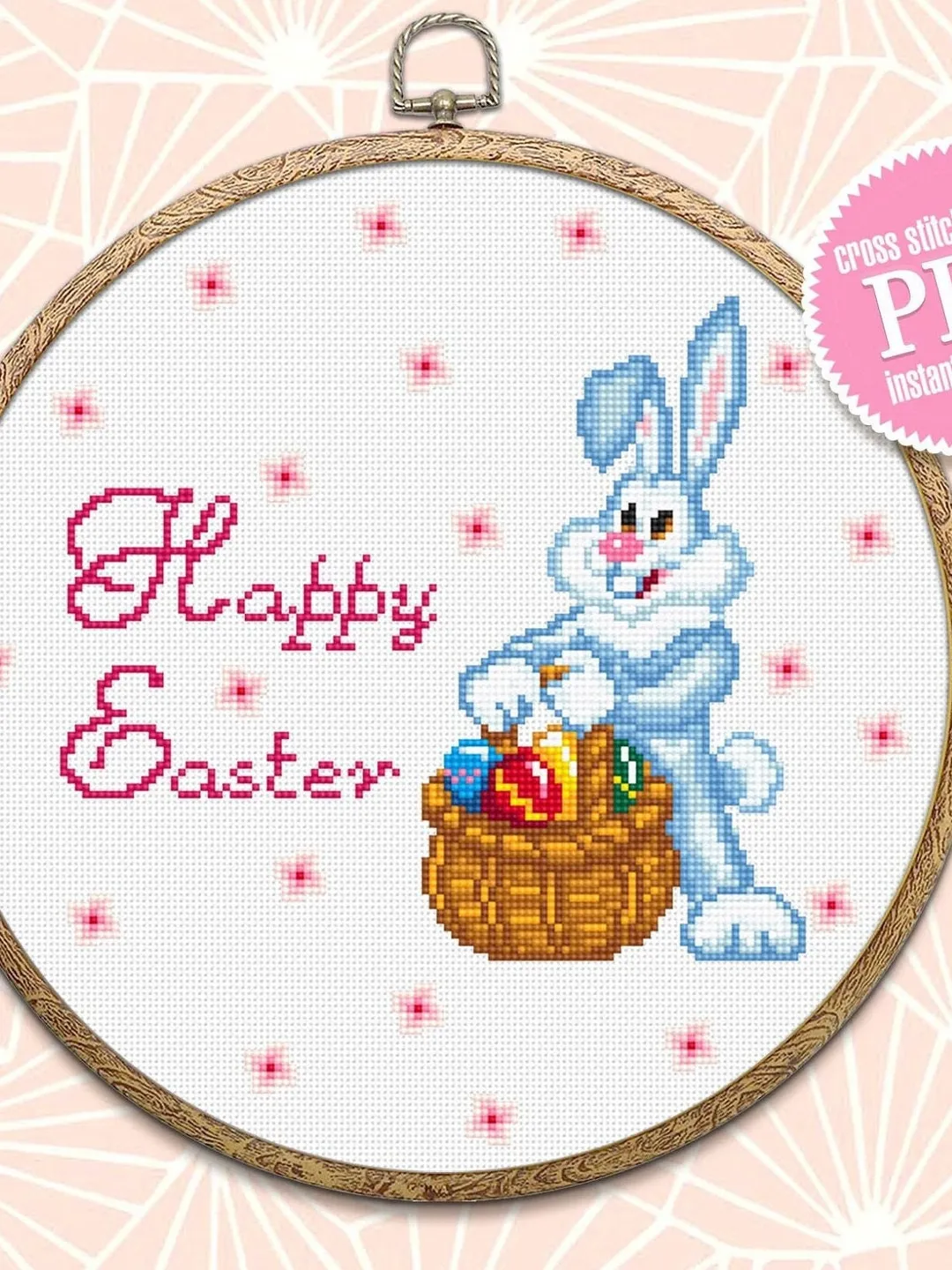 Easter bunny basket cross stitch pattern download PDF Cute rabbit cross stitch chart, Happy Easter ornament cross stitch, Easter eggs #T2