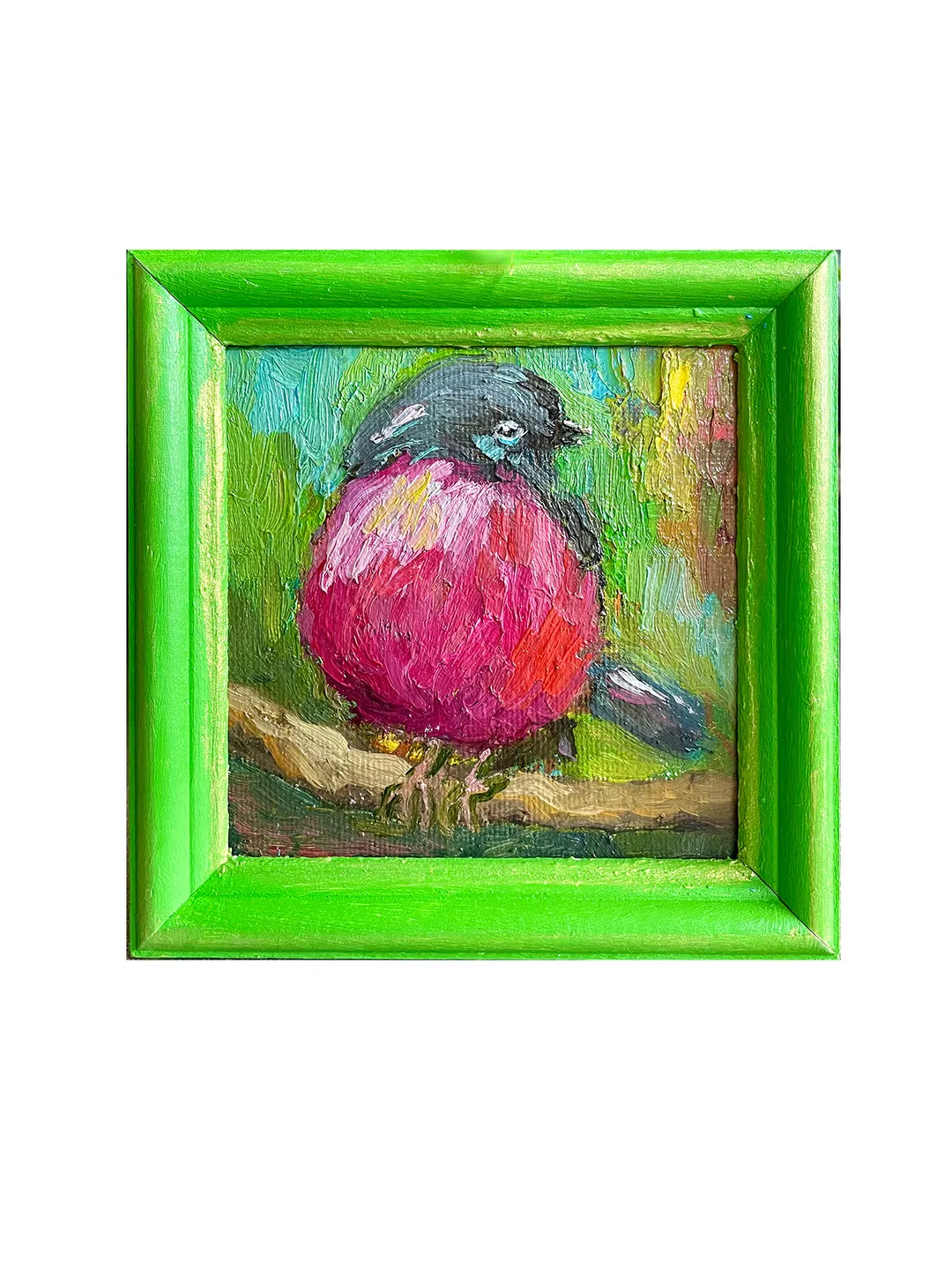 Pink robin painting, original bird oil painting, framed art