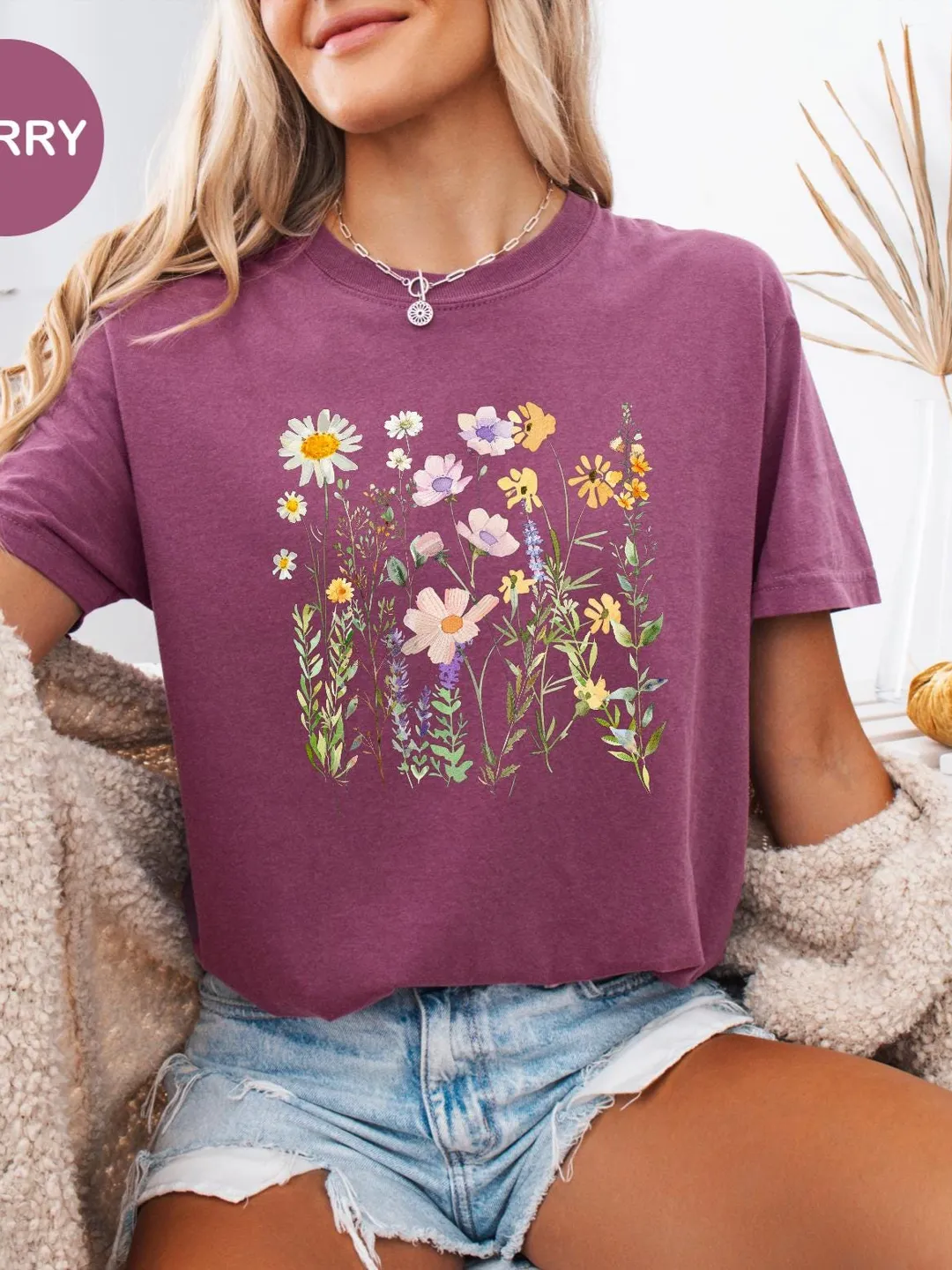 Comfort Colors® Women's Vintage Floral T Shirt Boho Wildflower Graphic Loose Tees Short Sleeve Casual Tops