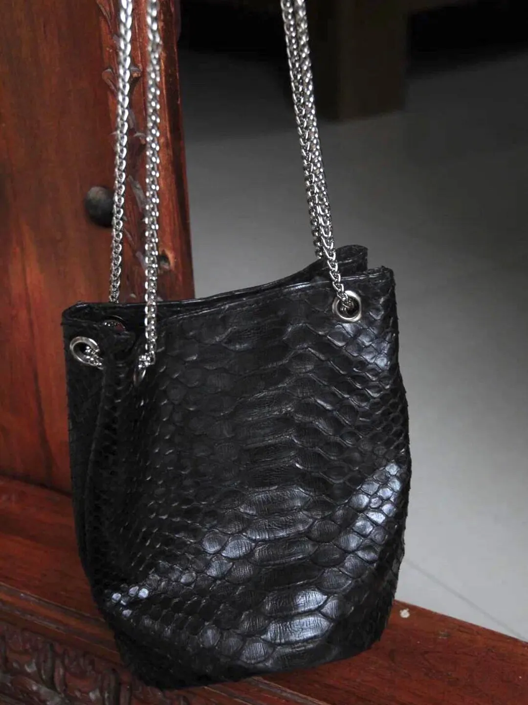Genuine python skin bucket black chain bag / designer women purse / small soft sport bag / exotic leather bags free shipping | gift for her
