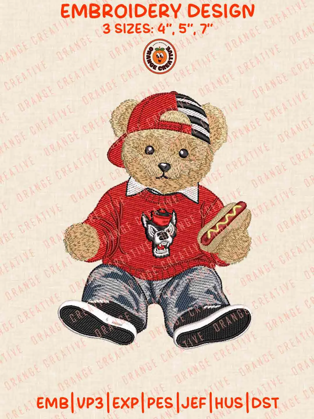 Cute Teddy Bear NC State Wolfpack Logo Embroidery Files, NCAA Team Embroidery Design, Machine Embroidery Design File, 4 Sizes, Custom Size, Digital Download