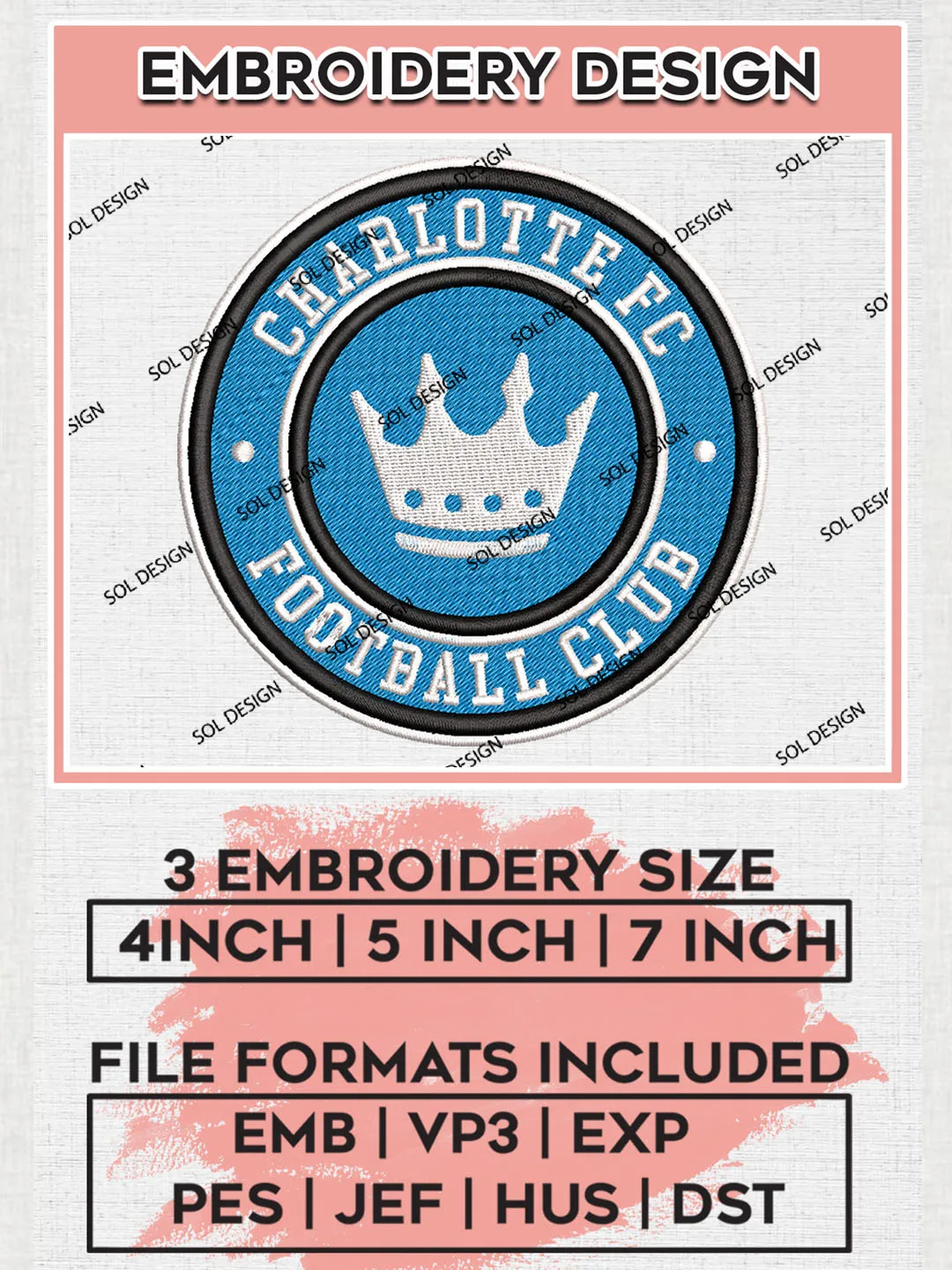 Charlotte FC Soccer Team Logo Embroidery Design, MLS Charlotte FC Logo Embroidery Files, Soccer Team Machine Embroidery, Machine Embroidery Design