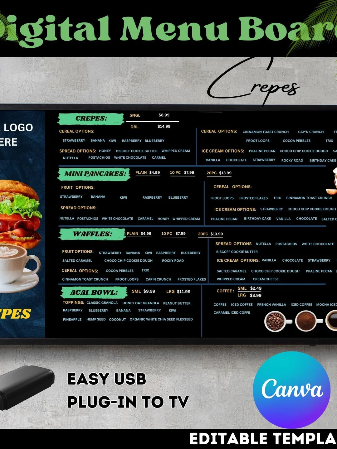 Restaurant TV Menu Board Template: Editable Food Menu (Canva)