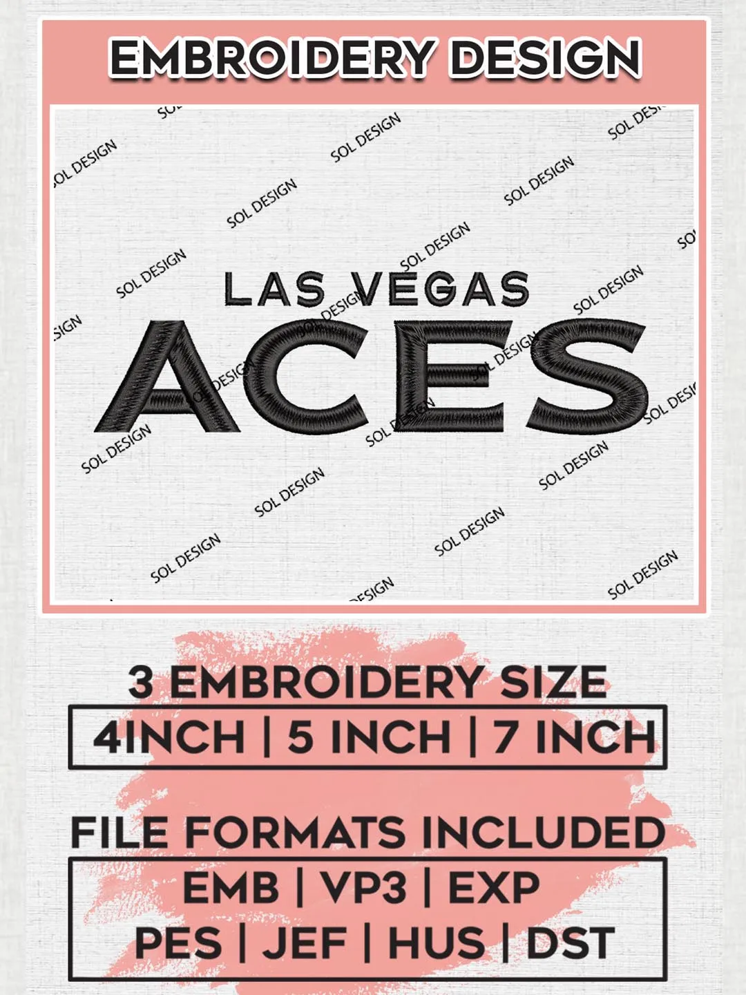 Las Vegas Aces Word Mark Logo Embroidery Files, WNBA Las Vegas Team Embroidery Designs, WNBA Teams, 3 sizes, Machine embroidery designs, Digital Download