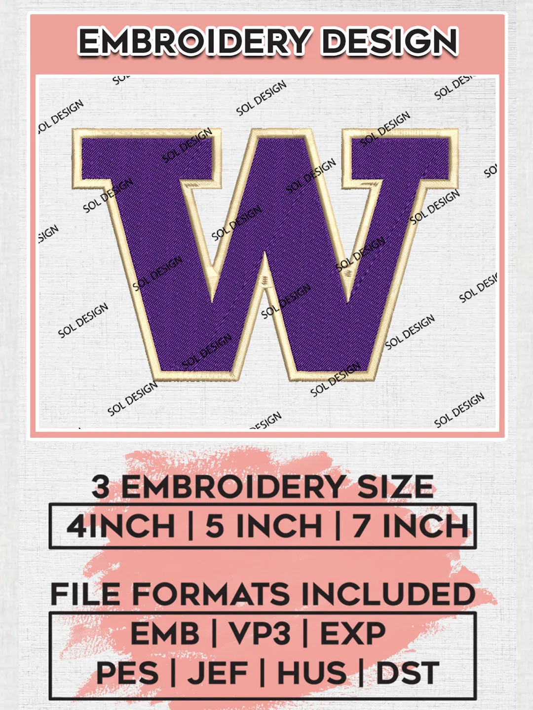 Washington Huskies Logo Machine Embroidery Design, NCAA Washington Huskies Embroidery Design Design files, NCAA Embroidery Designs, NCAA Machine Embroidery Designs, Digital Download