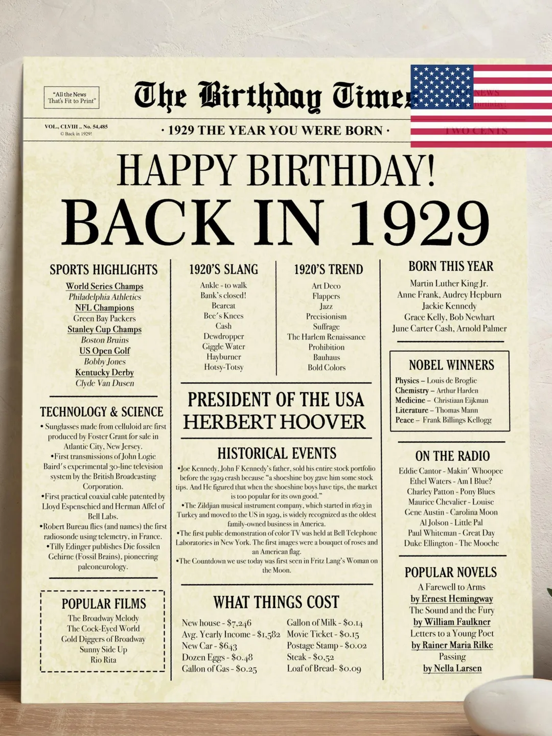 1929 poster, 96th birthday newspaper sign, 1929 birthday poster INSTANT DOWNLOAD, 96 years ago back in 1929, 96th birthday decorations