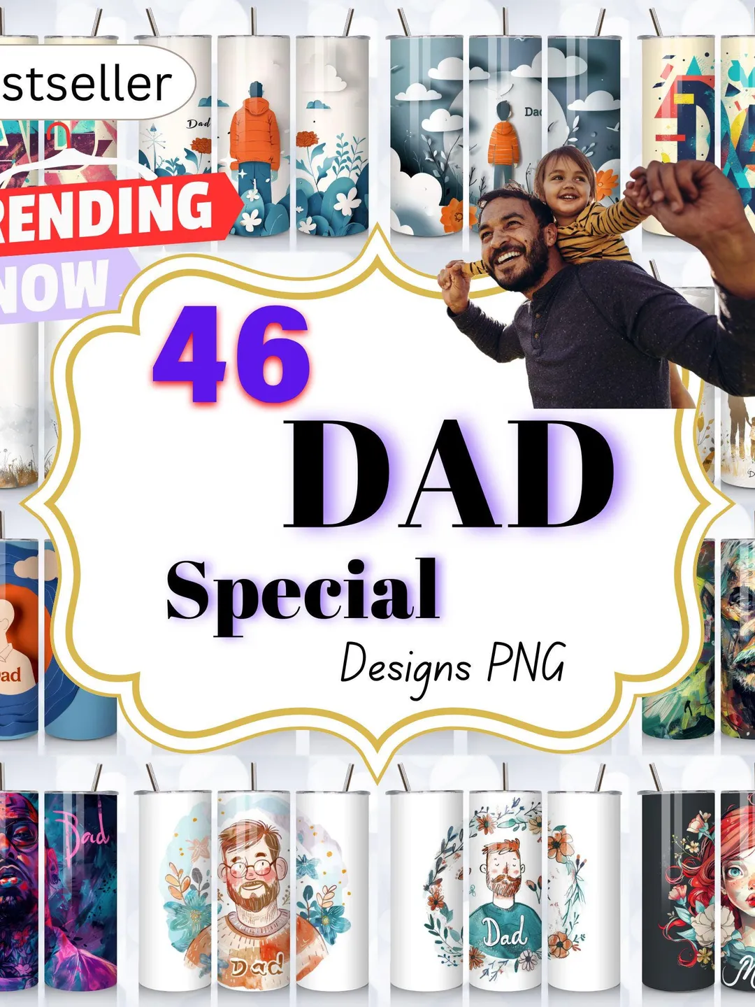 Dad Tumbler Wrap PNG Bundle | Father's Day Gift, 20oz Skinny (Digital ...