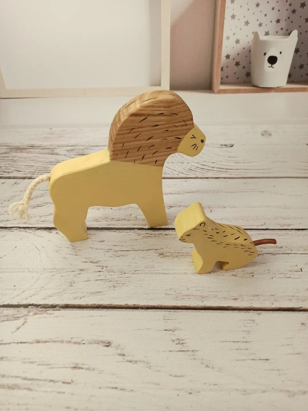 Wooden safari animals,figures lion and lion cu , Montessori baby toys, first toy