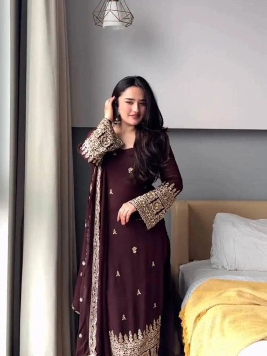 Maroon Embroidered Straight Suit with Dupatta Indian Ethnic Wear Wedding  Festive Party Dress for Women