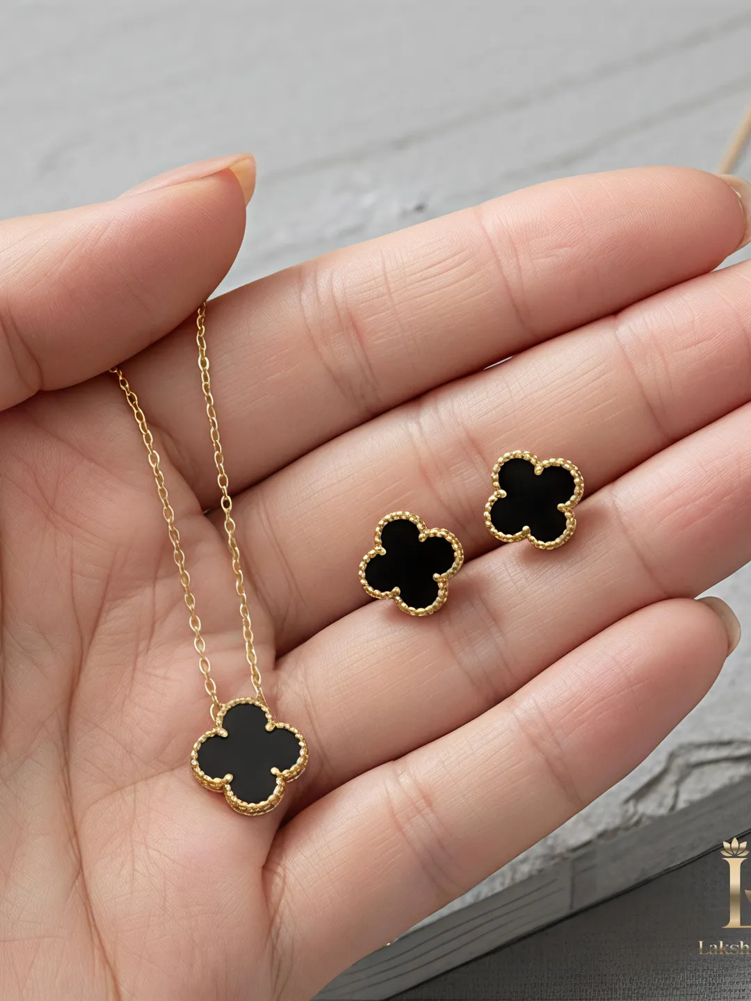 Black Clover Necklace and Stud Earrings Set, Gold Minimal Lucky