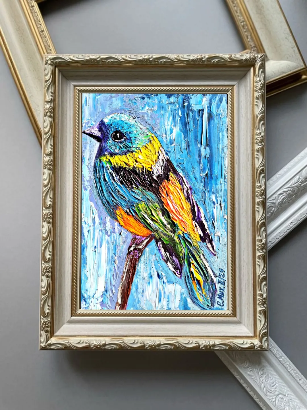 Oil painting "Blue Bird" 15x20 cm. (5,906 на 7,87 inches), impasto 3D