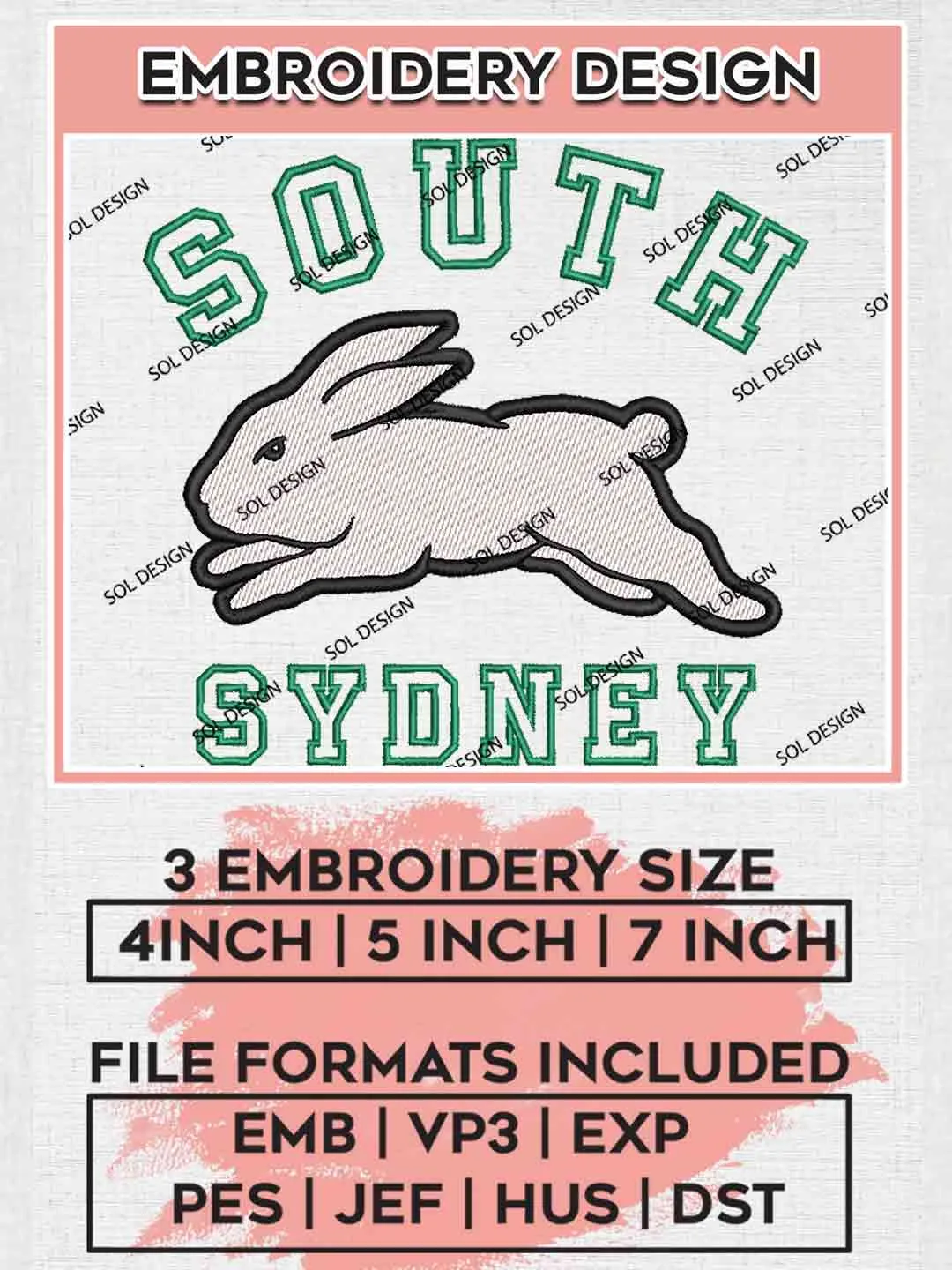 NRL Rabbitohs Embroidery Design, National Rugby League Embroidery Design, South Sydney Rabbitohs Logo Embroidery Design, NRL Machine Embroidery Digitized Pes File, 3 Sizes, Instant Download