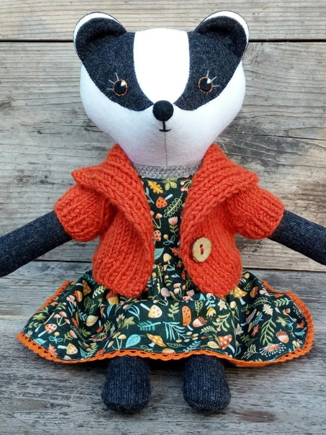 Badger girl, handmade plush doll, badger stuffed wool toy, animal rag doll