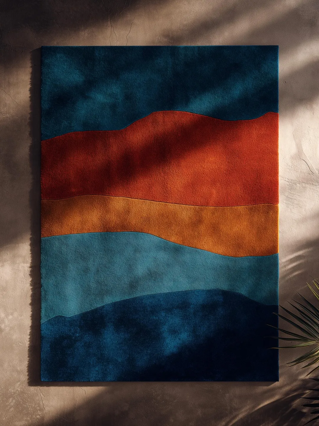Hand-Carved Wool Area Rug: Abstract Sunset Landscape Design Teppich