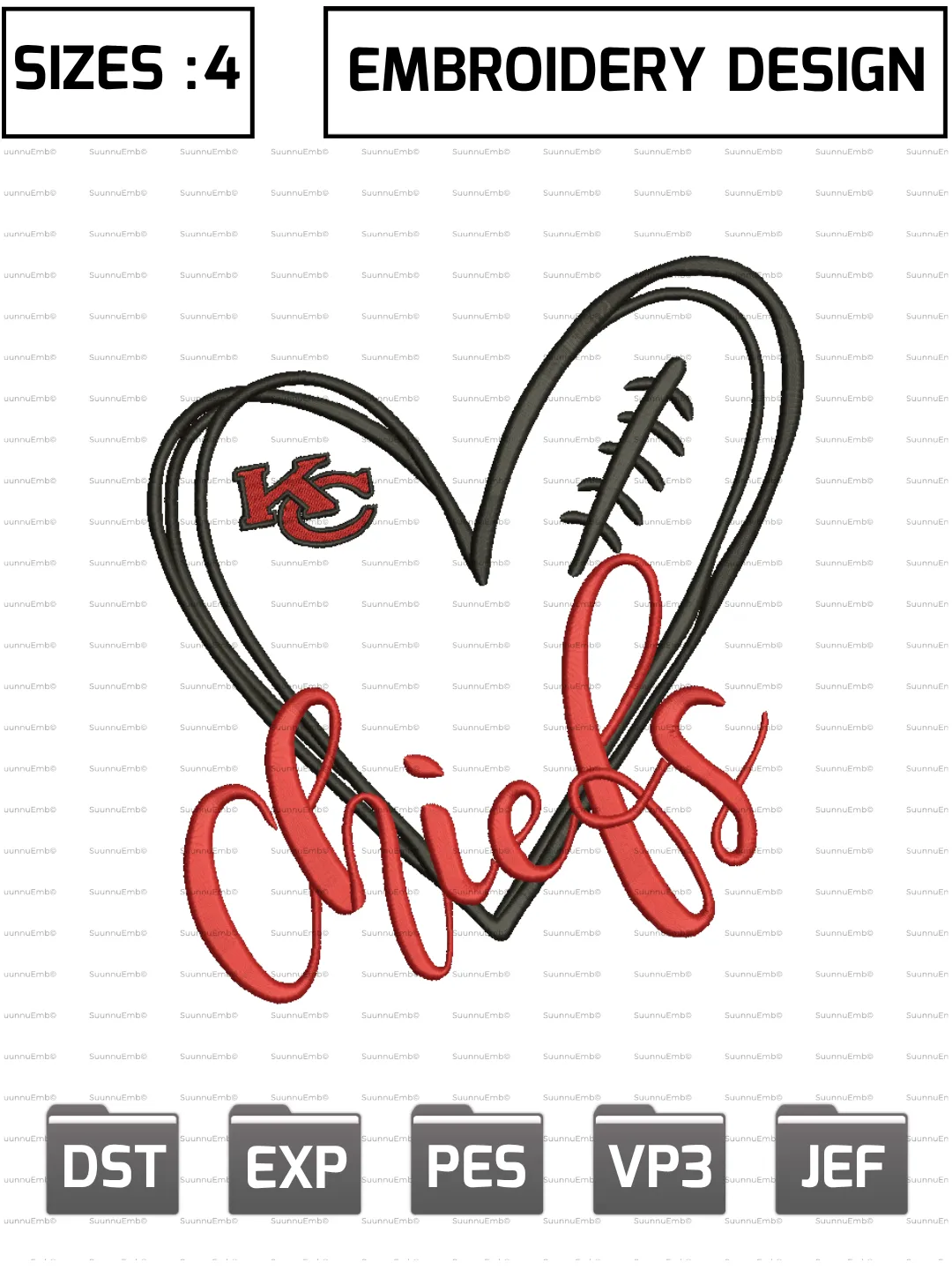 Kansas City Chiefs Heart Logo Embroidery Design,NFL Logos Embroidery Design,NFL Teams, Machine Embroidery Design File,4 Sizes, Digital Download