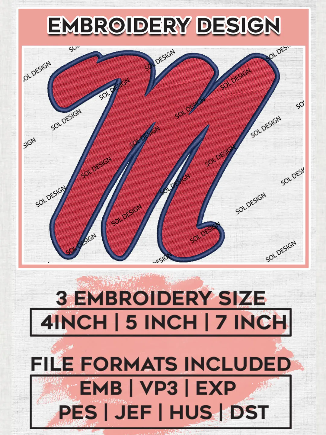 NCAA Ole Miss Rebels Team Letter Logo Embroidery Design Files, NCAA Ole Miss Rebels Machine Embroidery, NCAA Teams, 3 sizes, NCAA Machine embroidery designs, Digital Download
