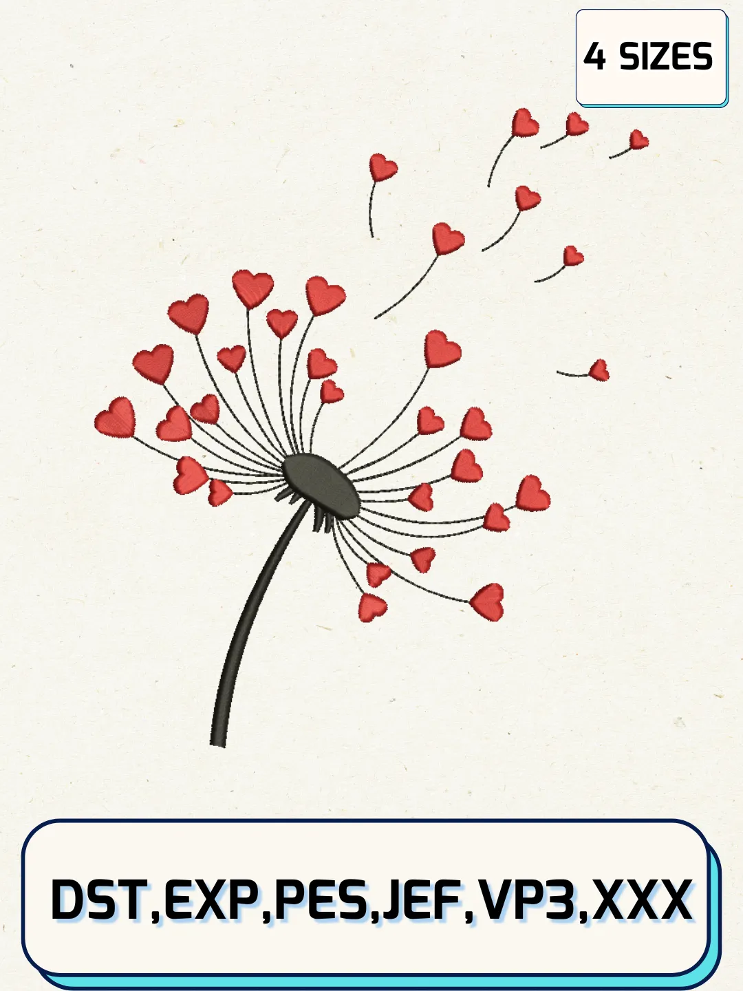 Heart Flower Embroidery Design Files, Valentine Logos Embroidery Designs, Machine Embroidery Files, 4 Sizes
