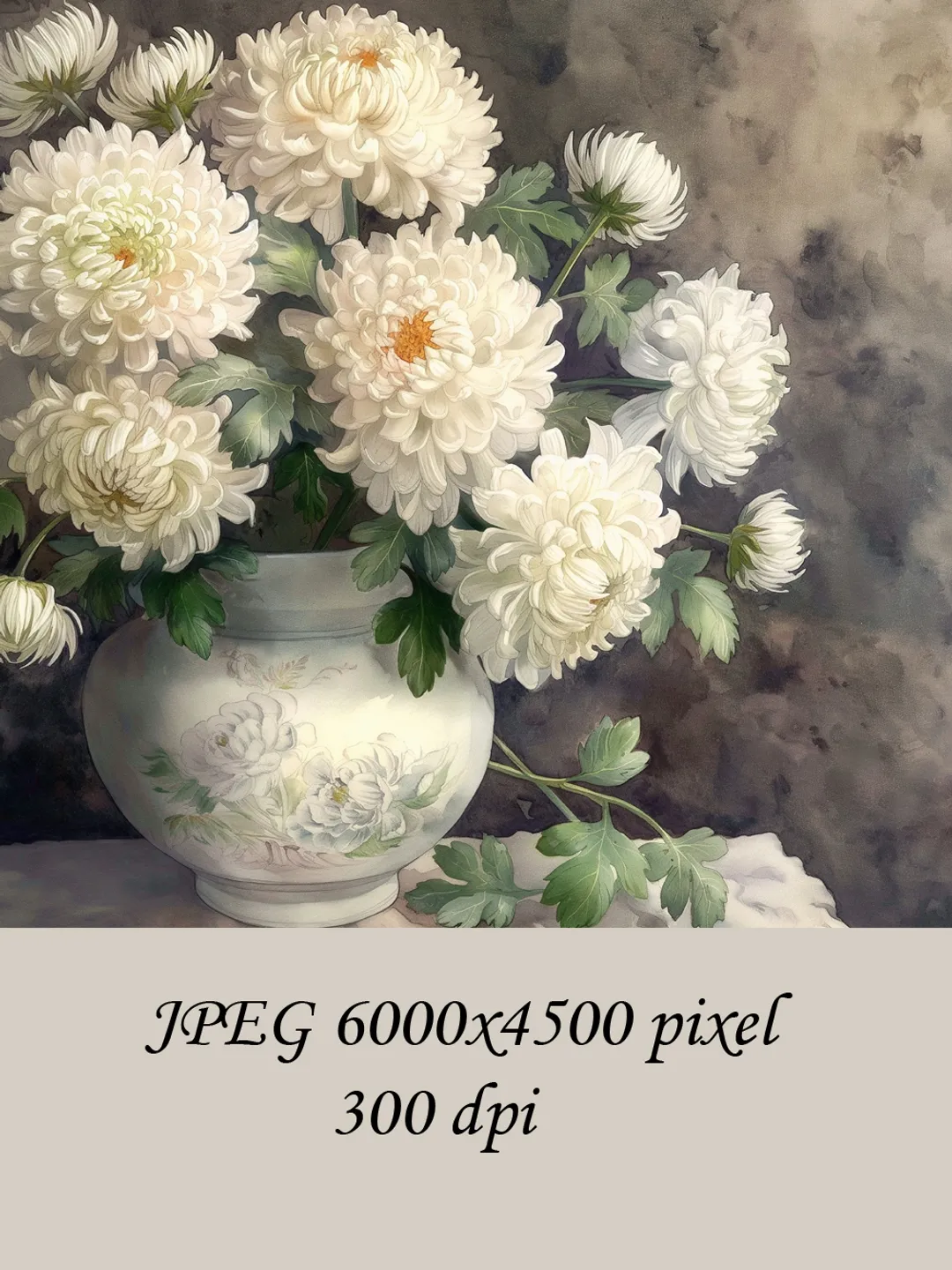 Bouquet of white chrysanthemum in a vase watercolor drawing, digital illustration, digital painting , wall art decoration. AI