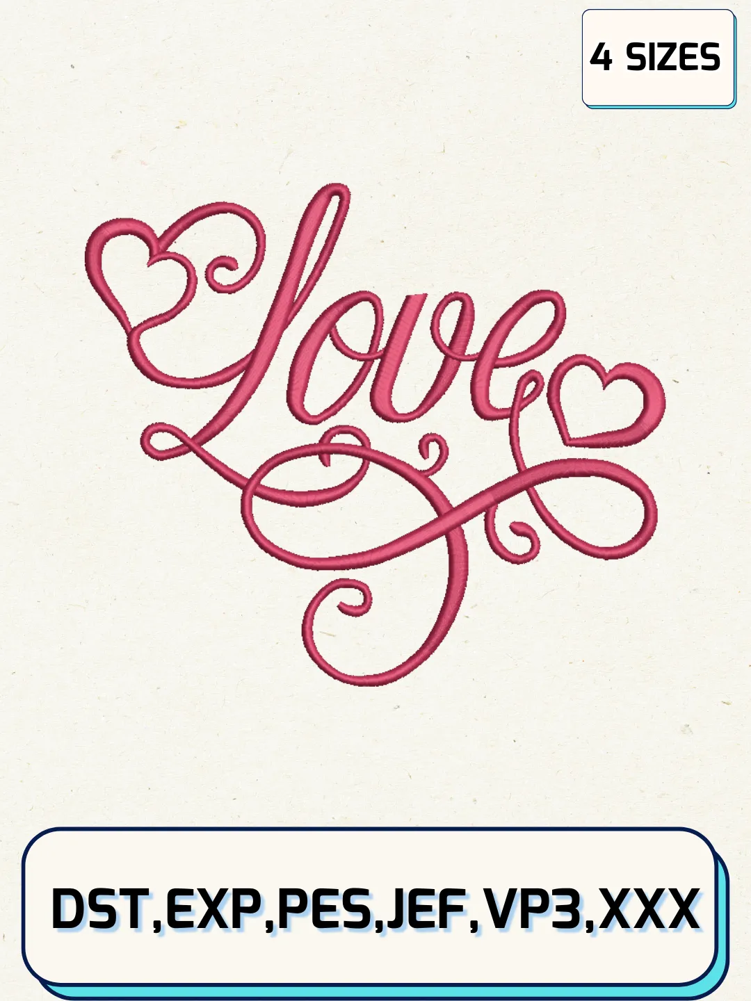 Love Embroidery Design Files, Valentine Logos Embroidery Designs, Machine Embroidery Files, 4 Sizes