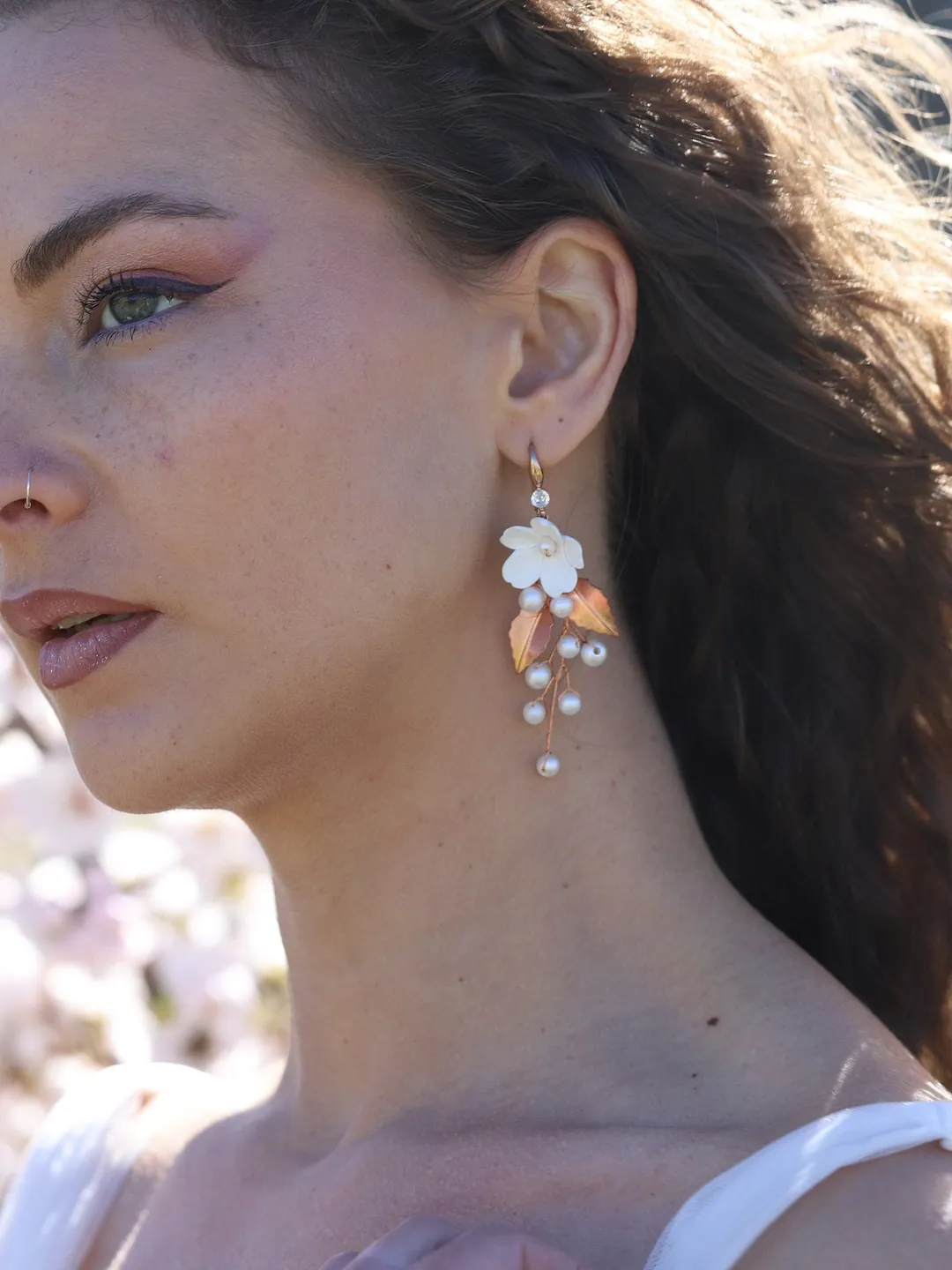 Polymer Clay Flower Boho Wedding Earrings, Rose Gold Leaf Chandelier Bridal Earrings, Pearl Statement Wedding Earrings, Statement Jewelry