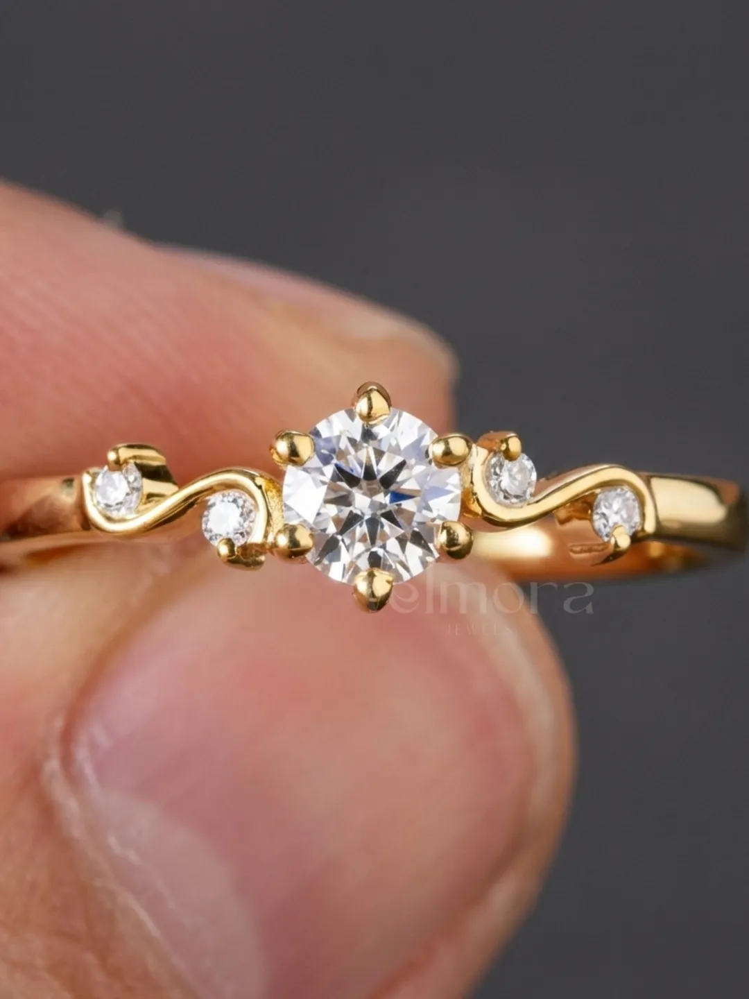 Round Moissanite Engagement Ring in Solid Gold, Minimalist Curved Bridal Ring