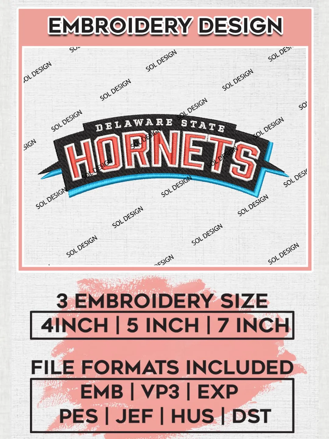 NCAA Delaware State Hornets College Team Writing Logo Embroidery Design Files, NCAA Delaware State Hornets Machine Embroidery, NCAA Teams, 3 sizes, NCAA Machine embroidery designs, Digital Download