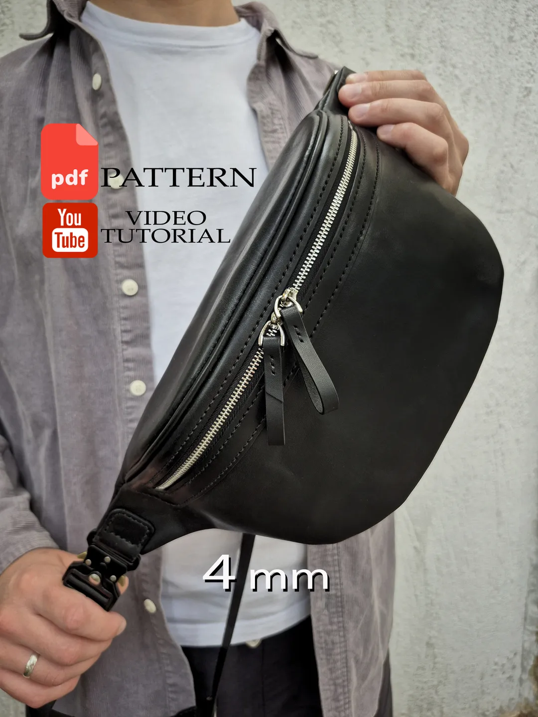 PDF pattern leather waist bag 2.0. Leather chest bag. Punch pitch 4 mm. Download PDF and Video TUTORIAL.