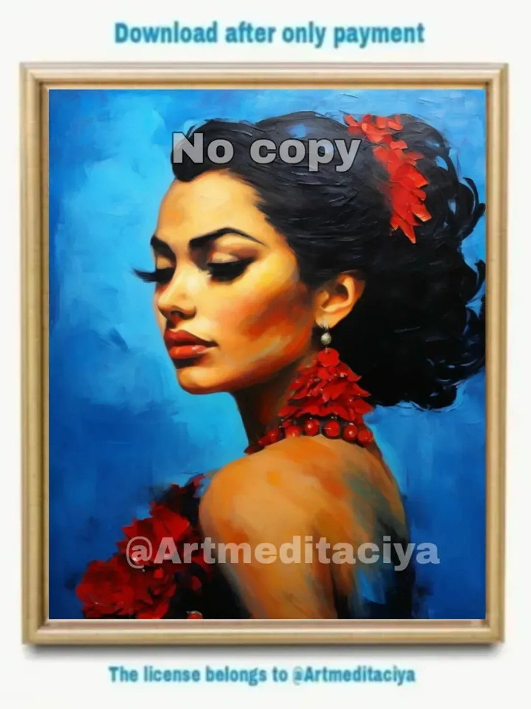 Digital abstract painting "Mysterious Carmen" in the style of oil painting on an abstract blue background. This is a concise image of a beautiful burning brunette Spaniard with expressive fluffy black eyelashes in red