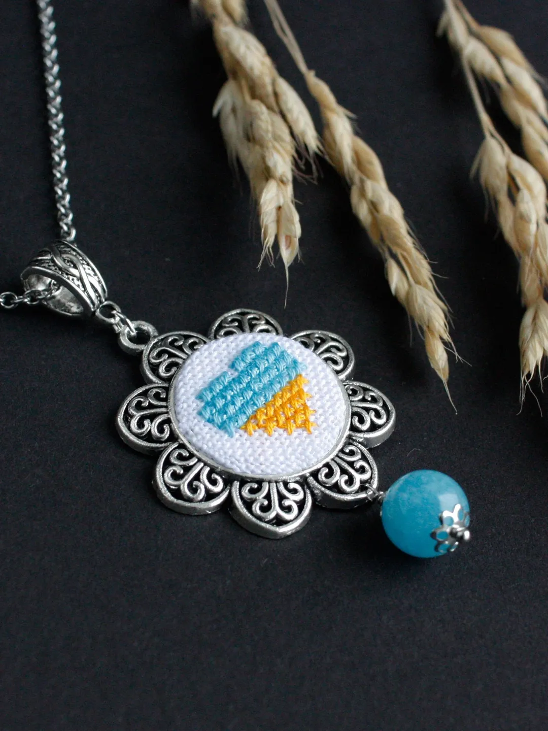 Folk Ukraine flag necklace pendant Blue yellow Ukrainian jewelry Ukraine souvenir for her Ethnic handmade necklace Dainty chain pendant