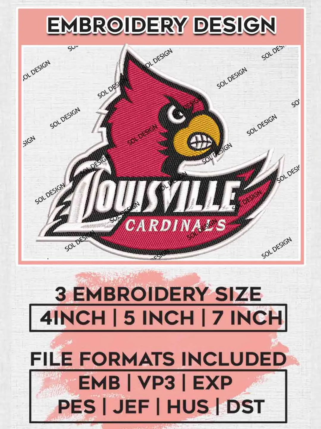 NCAA Louisville Cardinals Logo Embroidery Designs, NCAA Louisville Cardinals Logo Embroidery files, NCAA Team, College Football Team Machine embroidery designs, Digital Download