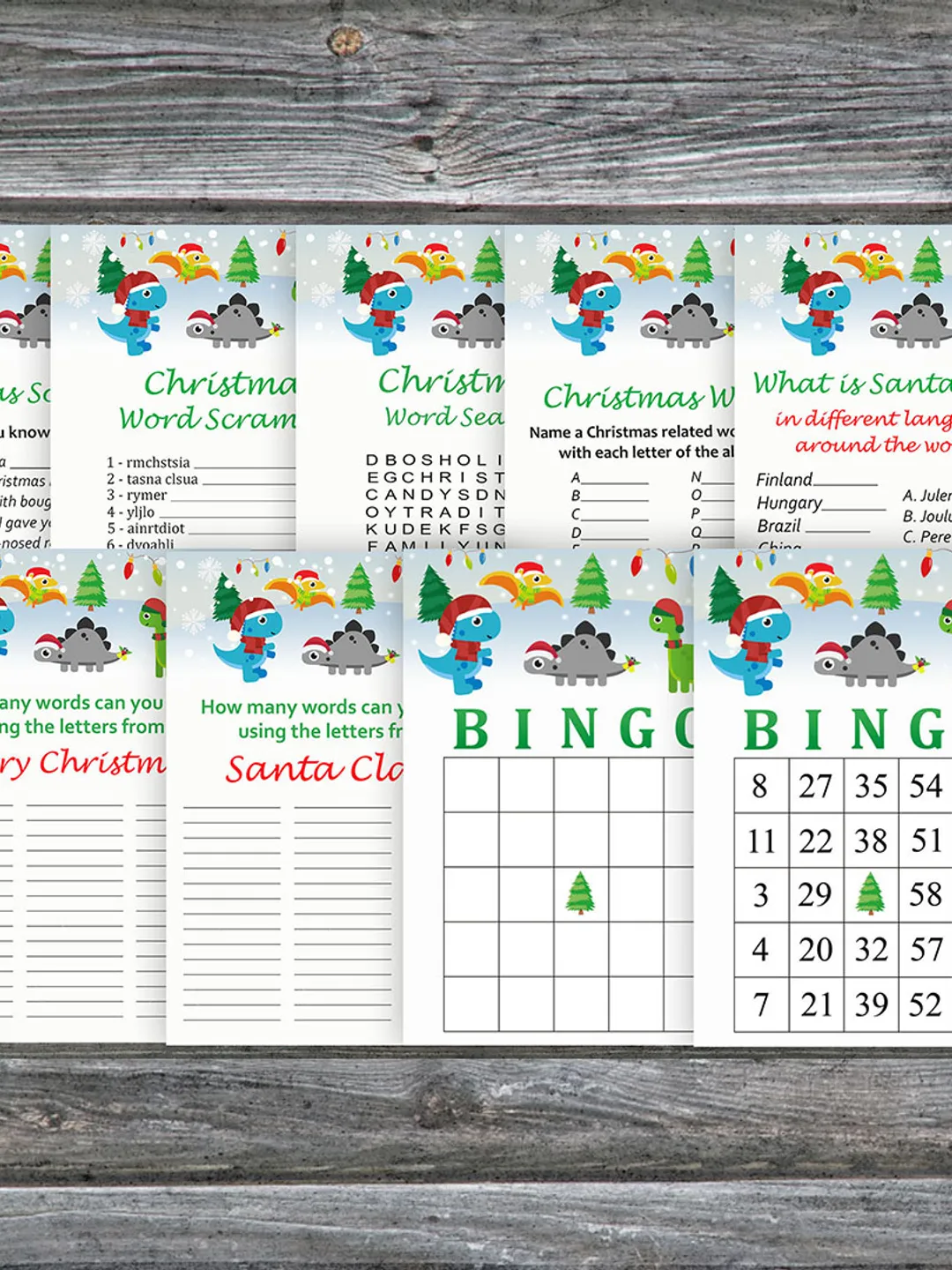 Christmas party games bundle,Printable Christmas Party Game Pack,Christmas dinosaur Christmas Trivia Game Cards