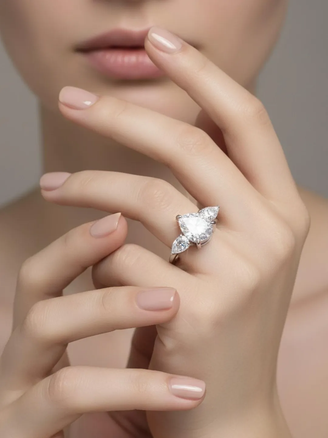 Pear Cut Moissanite Ring, Sterling Silver Three Stone Engagement Ring