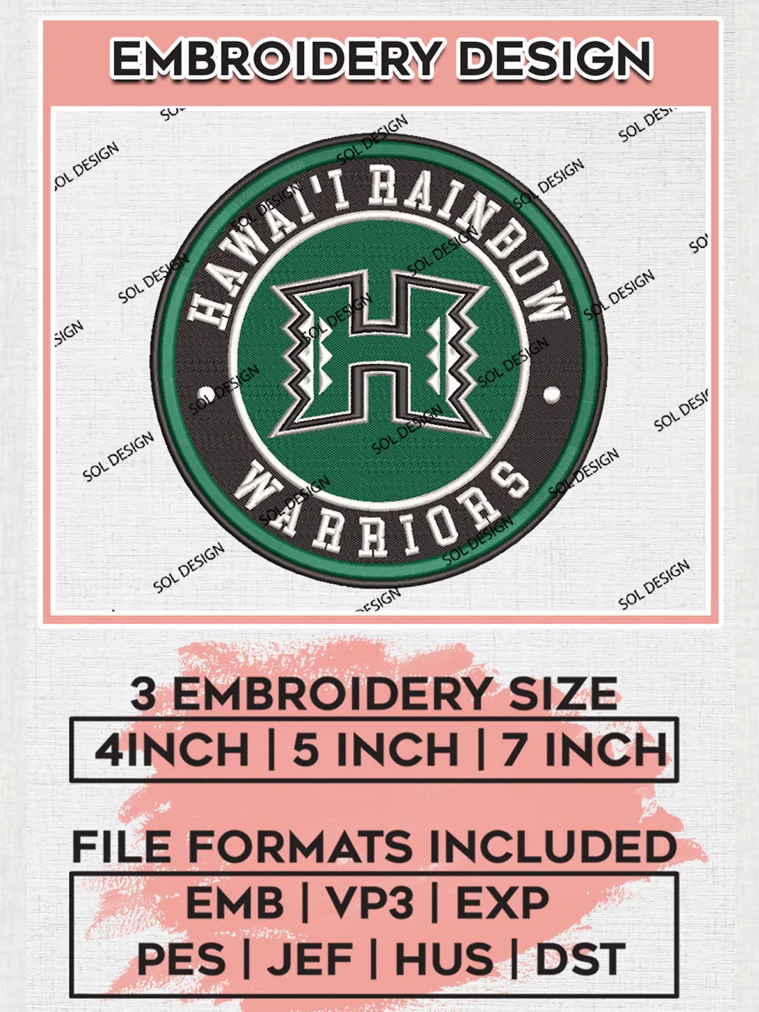 NCAA Hawaii Uni.versity Team Logo Embroidery Design Files, NCAA Hawaii  Rainbow Warriors Machine Embroidery, NCAA Teams, Game Day, 3 sizes, NCAA  Machine embroidery designs, Digital Download, image size:1080x1440